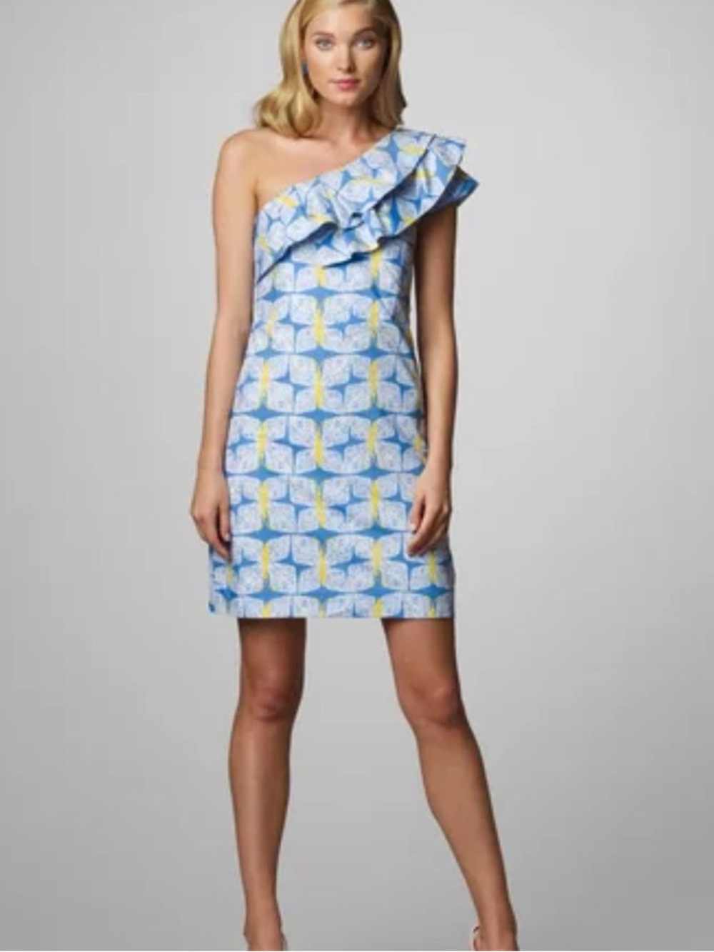 Lilly Pulitzer Sandra One-Shoulder Ruffle Dress in Light Blue, White & Yellow